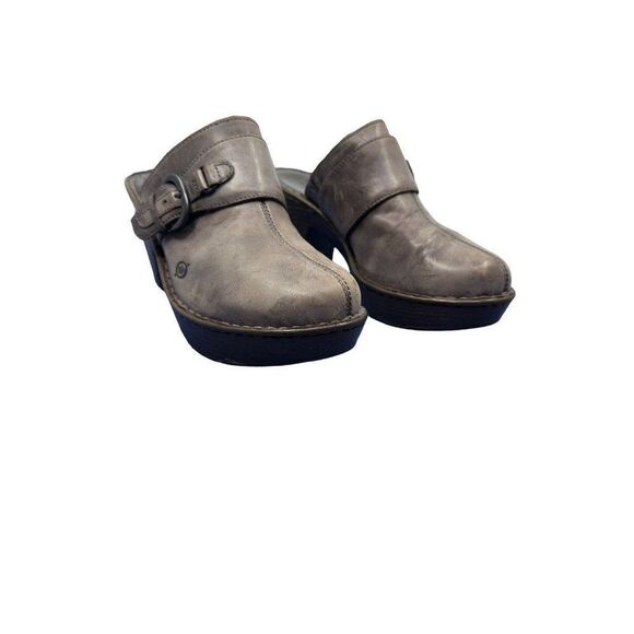 BORN Brown / Gray Leather Slip On Clog Women's Size 10 Shoe Mule Buckle Strap - Picture 1 of 16